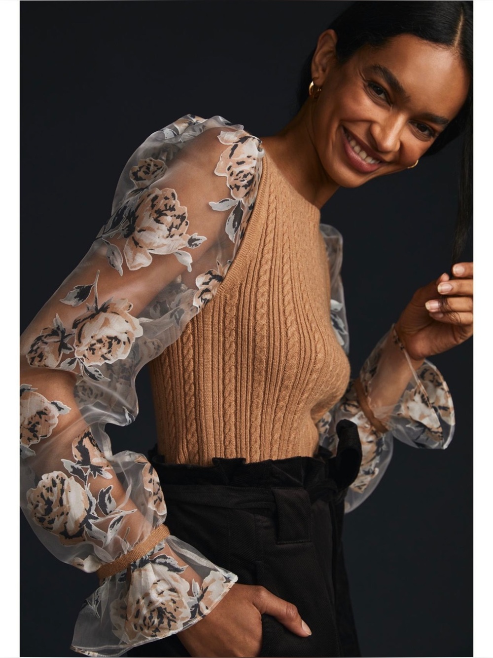 MAEVE | Anthropologie Contrast-Sleeve Cable Knit Sweater in Neutral Floral, Med